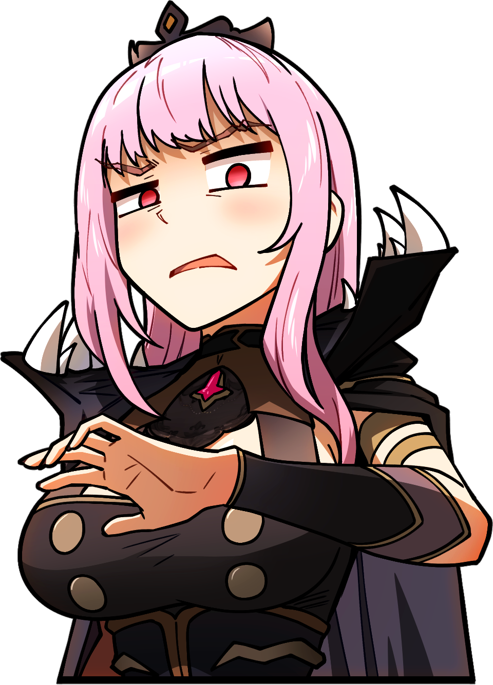 1girl black_tiara blush breasts cleavage commentary ddolbang eyelashes highres hololive hololive_english large_breasts long_hair mori_calliope mori_calliope_(1st_costume) open_mouth pink_hair red_eyes shoulder_spikes solo spikes tiara transparent_background upper_body virtual_youtuber