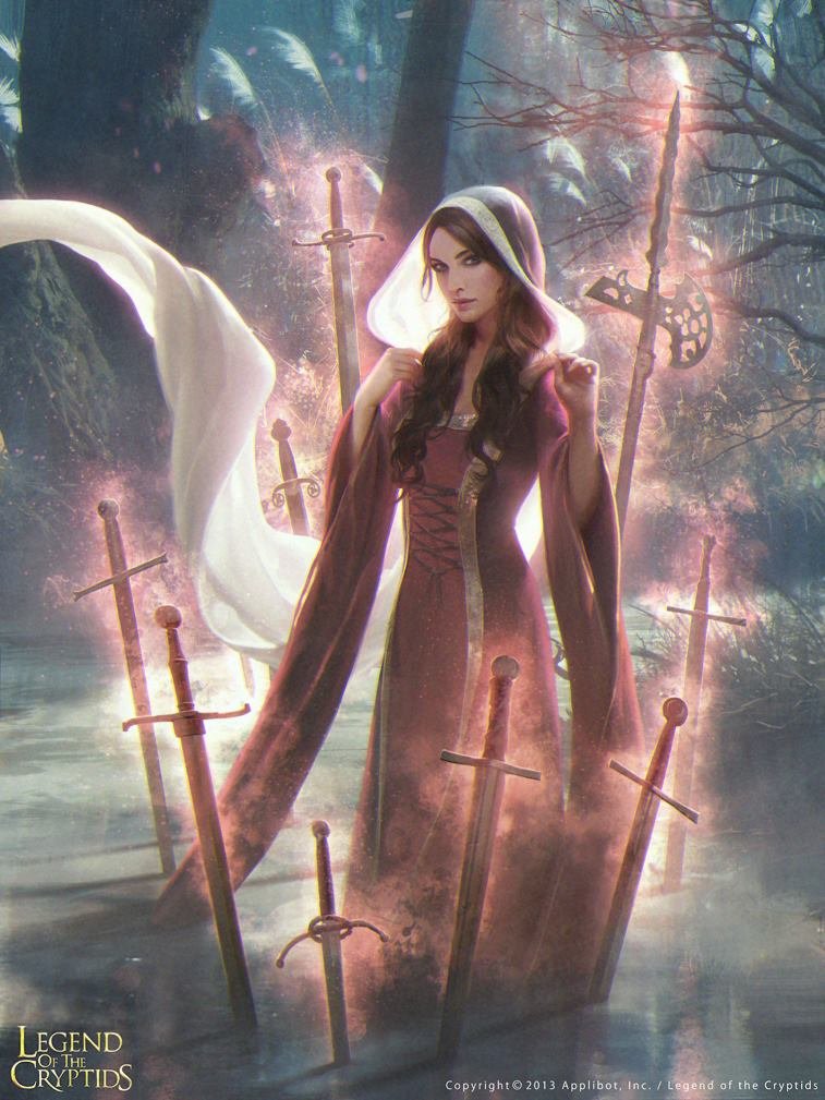 1girl branch commentary copyright_name dress female_focus headscarf jana_schirmer lady_of_the_lake legend_of_the_cryptids long_hair looking_at_viewer md5_mismatch multicolored_dress rock solo standing sword tree weapon