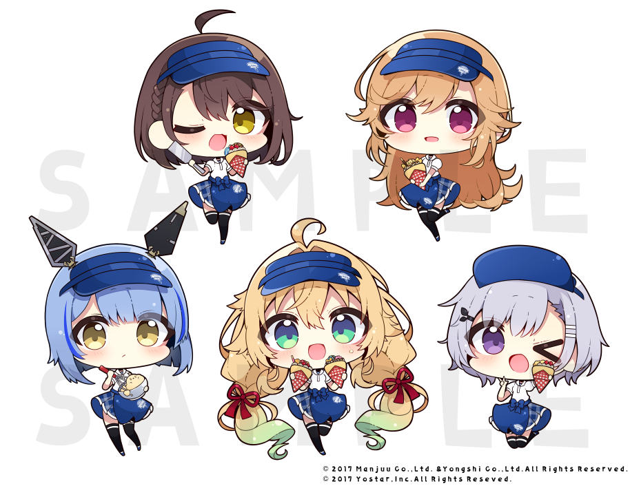 &gt;_o 5girls ;d absurdly_long_hair azur_lane baltimore_(azur_lane) black_footwear black_thighhighs blonde_hair blue_hair blue_hat blue_skirt blush bowl brown_eyes brown_hair chibi collared_shirt commentary_request crepe food food_on_face gascogne_(azur_lane) gradient_hair green_eyes green_hair hair_between_eyes hair_ribbon hat headgear holding holding_bowl holding_crepe holding_food le_temeraire_(azur_lane) long_hair low_twintails mixing_bowl multicolored_hair multiple_girls muuran official_art one_eye_closed open_mouth polo_shirt puffy_short_sleeves puffy_sleeves purple_eyes red_ribbon reno_(azur_lane) ribbon richelieu_(azur_lane) sample_watermark shirt shoes short_sleeves simple_background skirt smile standing standing_on_one_leg thighhighs twintails very_long_hair visor_cap watermark whisk white_background white_shirt