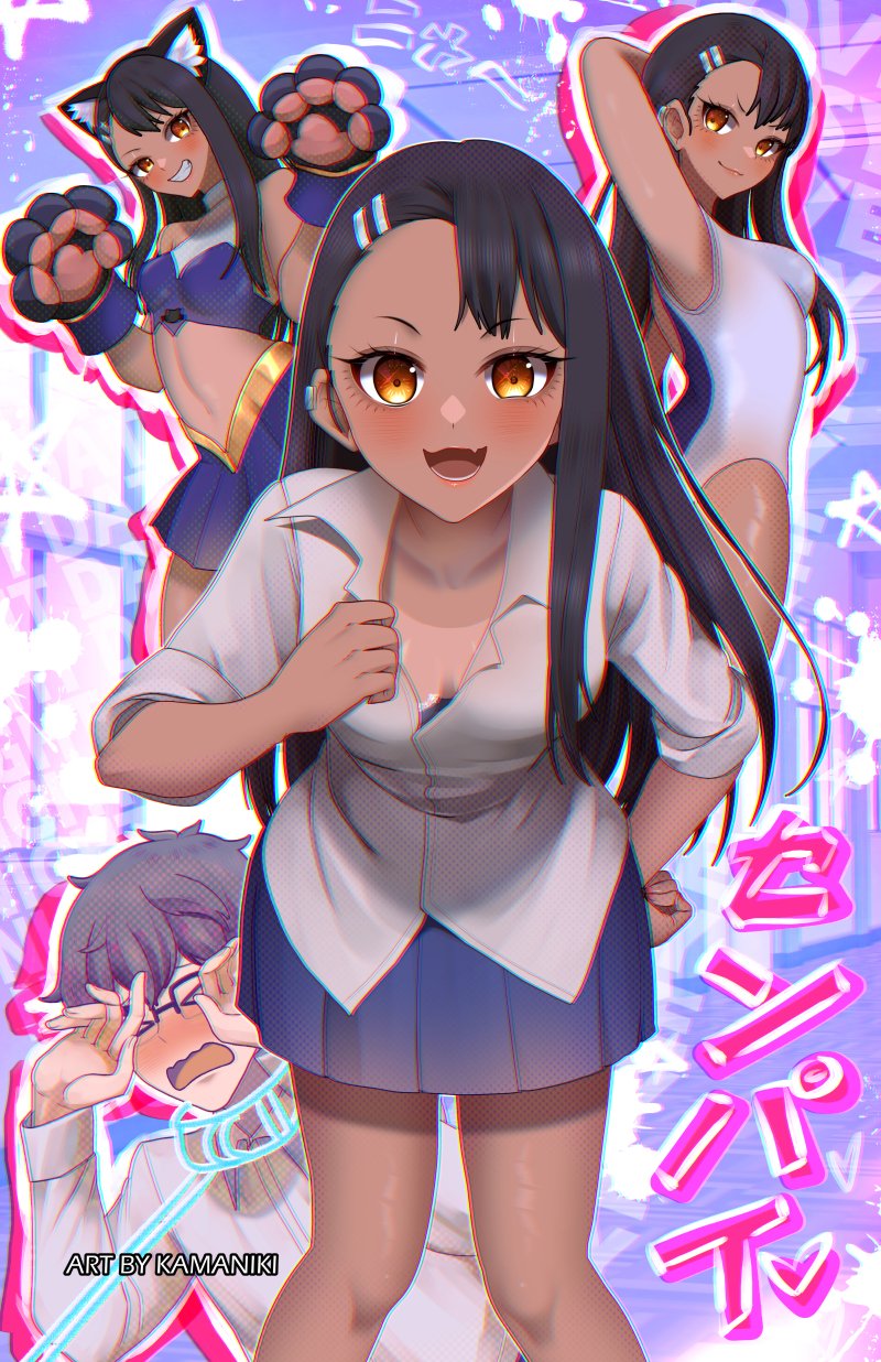 &gt;_&lt; 1boy 1girl :d animal_collar animal_ear_fluff animal_ears animal_hands arm_behind_head armpits artist_name asymmetrical_bangs bare_shoulders bent_over black_hair blue_one-piece_swimsuit blue_shirt blue_skirt blush breasts brown_eyes brown_hair cat_ears character_name cheerleader chromatic_aberration cleavage clenched_hands closed_eyes closed_mouth collar collared_shirt commentary competition_school_swimsuit competition_swimsuit crop_top dark-skinned_female dark_skin downblouse dress_shirt drop_shadow earclip embarrassed english_commentary eyelashes fake_animal_ears fang glasses gloves grin hachiouji_naoto hair_ornament hairclip halftone hand_on_own_chest hand_on_own_hip hands_up highres ijiranaide_nagatoro-san kamaniki knees_together_feet_apart leaning_forward leash lipstick long_hair long_sleeves looking_at_viewer looking_to_the_side makeup messy_hair midriff multiple_views nagatoro_hayase one-piece_swimsuit one-piece_tan open_mouth over-rim_eyewear partially_unbuttoned paw_gloves paw_pose pink_background pink_lips pleated_skirt purple_background rectangular_eyewear school_swimsuit school_uniform semi-rimless_eyewear shielding shiny_skin shirt skin_fang skirt sleeveless sleeveless_shirt sleeves_rolled_up small_breasts smile smug solo_focus standing straight-on stretching swimsuit tan tanline teasing toned toned_female two-tone_one-piece_swimsuit two-tone_shirt very_long_hair w_arms wavy_hair wavy_mouth white_background white_one-piece_swimsuit white_shirt