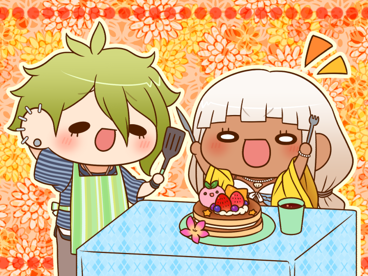 1boy 1girl amami_rantaro antenna_hair apron arm_behind_head arms_up back_bow bead_bracelet bead_necklace beads bikini bikini_ribbon black_eyes blue_shirt blueberry blunt_bangs bow bracelet brown_pants chibi coffee commentary_request cup danganronpa_(series) danganronpa_v3:_killing_harmony dark-skinned_female dark_skin ear_piercing earrings eyelashes feet_out_of_frame floral_background flower food fork frilled_bikini frills fruit green_apron green_bow green_hair hair_between_eyes hibiscus holding holding_fork holding_knife holding_spatula jewelry knife light_blush long_hair long_sleeves looking_at_food low_twintails multiple_piercings necklace notice_lines open_mouth orange_background outline pancake pancake_stack pants peach piercing pink_flower plate raincoat ribbon shell shell_necklace shirt short_hair smile solid_oval_eyes spatula star_(symbol) strawberry striped_apron striped_clothes striped_shirt stud_earrings swimsuit table twintails unmoving_pattern v-shaped_eyebrows vertical-striped_apron vertical-striped_clothes vertical-striped_sleeves whipped_cream white_bikini white_eyes white_hair white_ribbon white_undershirt wide_sleeves yellow_outline yellow_raincoat yonaga_angie yumaru_(marumarumaru)