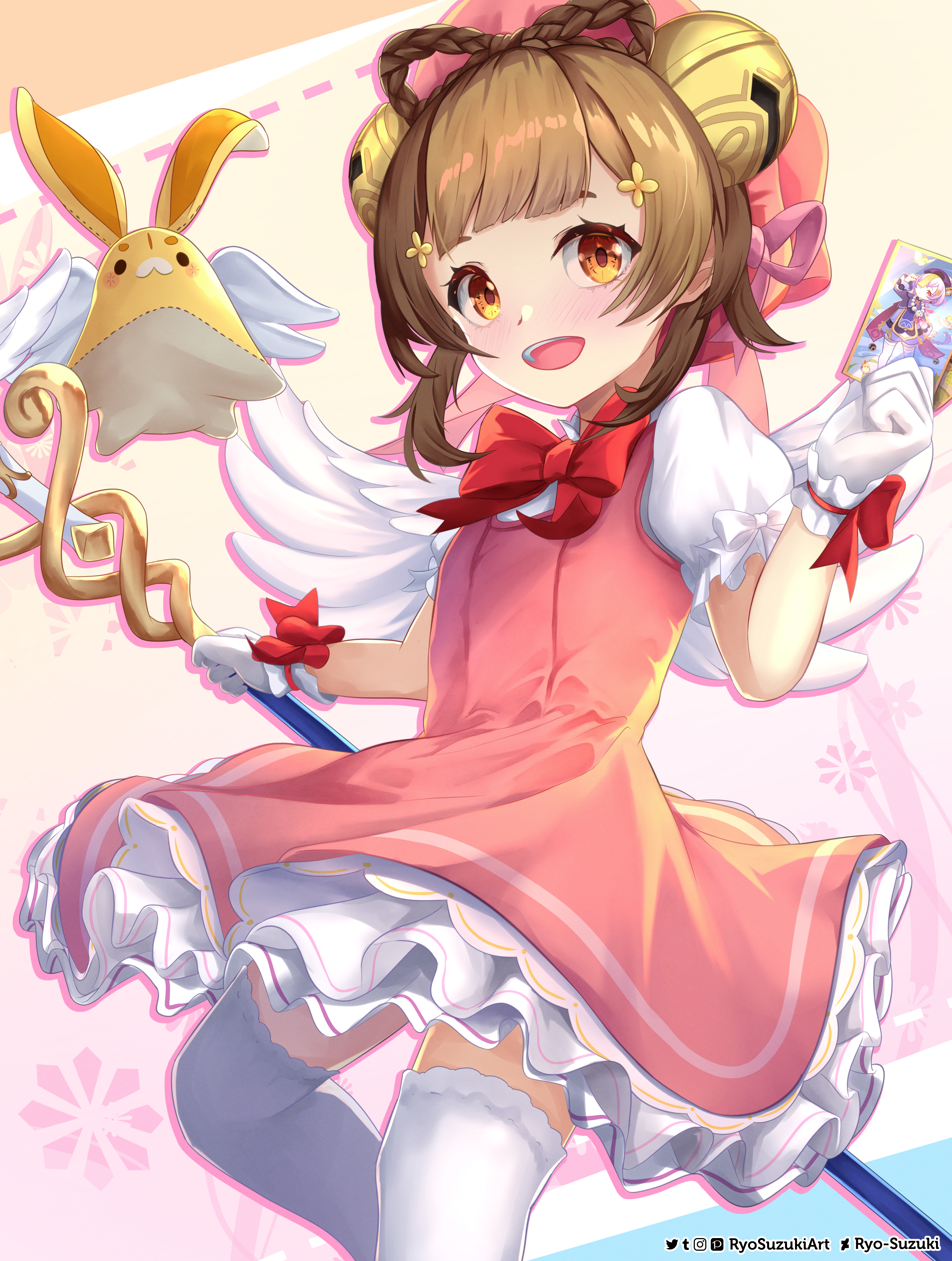 1girl absurdres bell brown_hair cardcaptor_sakura cosplay dress genshin_impact gloves highres jingle_bell kinomoto_sakura kinomoto_sakura_(cosplay) magical_girl open_mouth puffy_short_sleeves puffy_sleeves qiqi_(genshin_impact) ryo-suzuki short_sleeves solo staff wings yaoyao_(genshin_impact) yellow_eyes