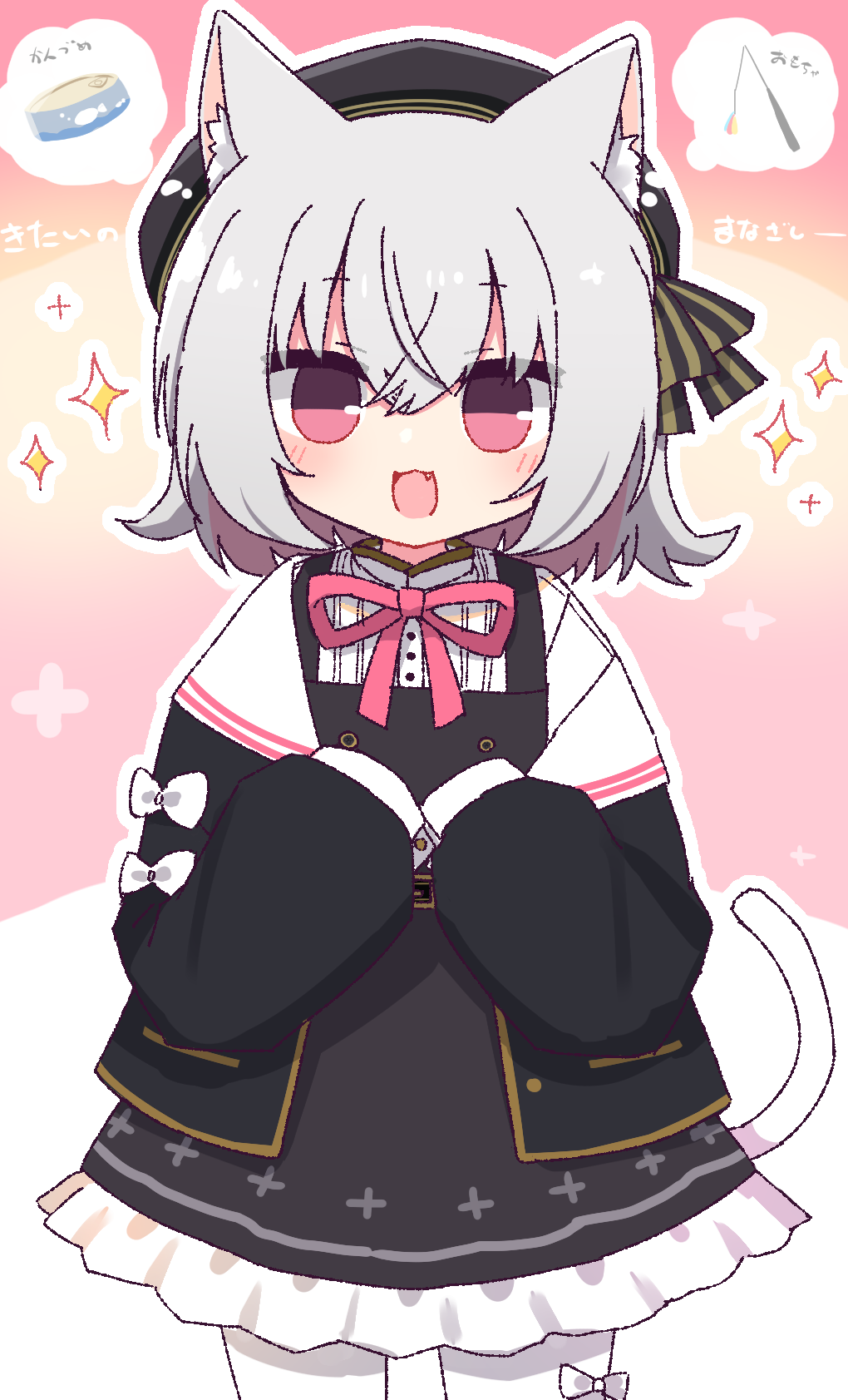 1girl :3 :d animal_ear_fluff animal_ears black_hat blush canned_fish cat_ears cat_girl cat_tail cat_teaser colored_inner_hair commentary cowboy_shot dated_commentary dress fang frilled_dress frills grey_hair hat hibino_000 highres long_sleeves looking_at_viewer multicolored_hair neck_ribbon open_mouth outline pantyhose pinafore_dress pink_eyes pink_hair red_ribbon ribbon sayo_(voicevox) shirt short_hair sleeveless sleeveless_dress sleeves_past_fingers sleeves_past_wrists smile solo sparkle speech_bubble spoken_object tail thought_bubble translation_request voicevox white_outline white_pantyhose white_shirt