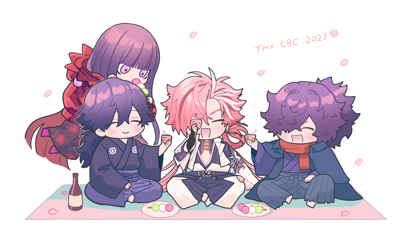 1girl 3boys :d ^_^ belt black_belt black_hair black_hakama black_kimono black_pants blue_cape blunt_bangs blush bottle cape chibi choko_(cup) closed_eyes closed_mouth collared_cape commentary_request crossed_bangs cup dango dragon_print ear_piercing earrings eyebrow_cut falling_petals fate/grand_order fate_(series) food grey_hakama grey_pants hair_between_eyes hair_intakes hair_over_one_eye hakama hakama_pants hand_up holding holding_cup jacket japanese_clothes jewelry kimono long_hair long_sleeves low_ponytail male_focus multicolored_hair multiple_boys nagatekkou okada_izou_(fate) okada_izou_(second_ascension)_(fate) one_eye_covered open_clothes open_jacket open_mouth oryou_(fate) oryou_(lancer)_(fate) pants petals picnic_blanket piercing pink_hair plate ponytail purple_eyes purple_hair purple_hakama purple_kimono purple_pants red_hair red_scarf sakamoto_ryouma_(fate) sakamoto_ryouma_(lancer)_(fate) sake_bottle sanshoku_dango scarf sharp_teeth simple_background sitting smile streaked_hair takasugi_shinsaku_(fate) teeth upper_teeth_only very_long_hair wagashi white_background white_hair white_jacket wide_sleeves yuta_arata