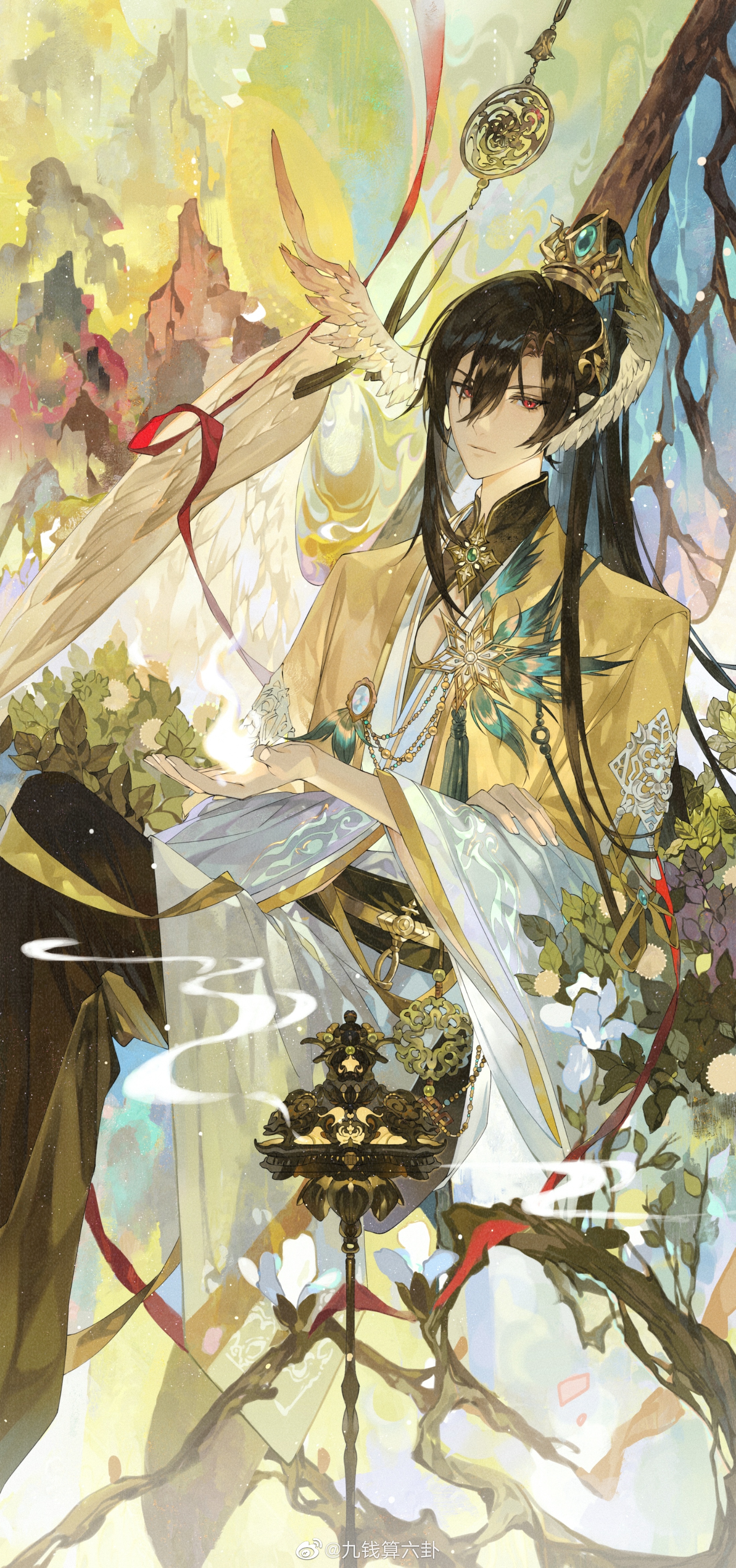 1boy absurdres asymmetrical_sidelocks ayn_alwyn black_hair black_pants black_sash black_shirt brooch chinese_clothes cleavage_cutout closed_mouth clothing_cutout crossed_legs expressionless feathered_wings feathers feet_out_of_frame fire flower hair_between_eyes hand_on_own_arm hanfu head_wings high_ponytail highres in_tree incense incense_burner jacket jewelry layered_sleeves long_sleeves looking_at_viewer lovebrush_chronicles magnolia male_focus mountain open_hand outstretched_hand pants ponytail pyrokinesis red_eyes red_ribbon ribbon robe sash shachang shirt sitting sitting_in_tree smoke solo tassel tree v-shaped_eyebrows watermark weibo_watermark white_flower white_robe white_wings wide_ponytail wings xiao_guan_(headdress) yaopei yellow_jacket