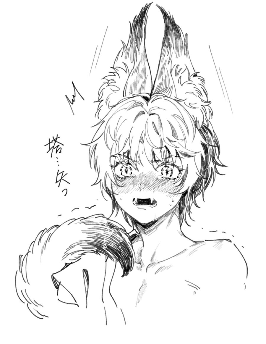 1boy animal_ears bare_shoulders blush colored_bangs ears_up embarrassed fangs fox_boy fox_ears fox_tail greyscale hikaru_no_go hun_(endlesslovehikaru) kemonomimi_mode looking_at_viewer male_focus monochrome multicolored_hair nose_blush off_shoulder open_mouth portrait shindou_hikaru short_hair simple_background skin_fangs solo surprised tail trembling two-tone_hair