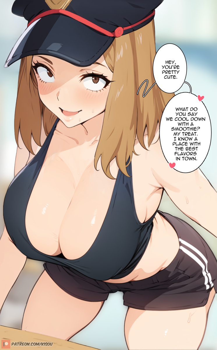 1girl ai-assisted artist_name bare_shoulders black_tank_top blonde_hair blush boku_no_hero_academia breasts brown_eyes cleavage crop_top dolphin_shorts dutch_angle english_text female_focus hat heart highres kisou_(kisou00) large_breasts leaning_forward looking_at_viewer midriff naughty_face patreon_logo patreon_username shorts solo speech_bubble tank_top utsushimi_kemii watermark web_address