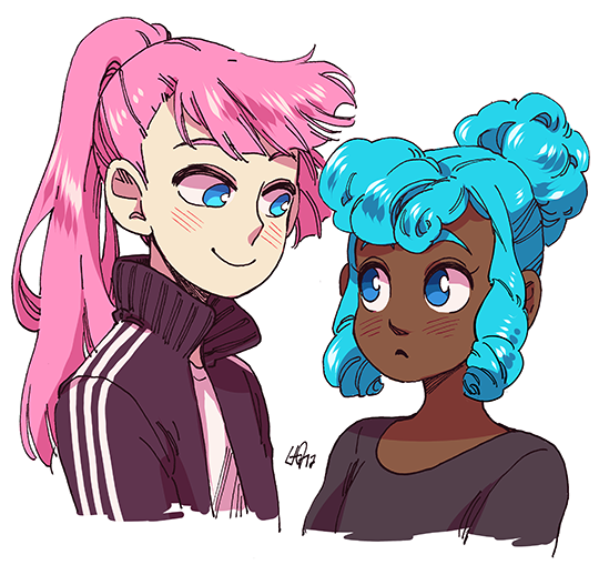 2girls black_shirt blue_eyes blue_hair blush curly_hair dark-skinned_female dark_skin hair_bun jacket kokoro_aichi ladugard looking_at_another multiple_girls pink_hair ponytail shirt single_hair_bun sleepless_domain smile track_jacket undine_wells upper_body white_background