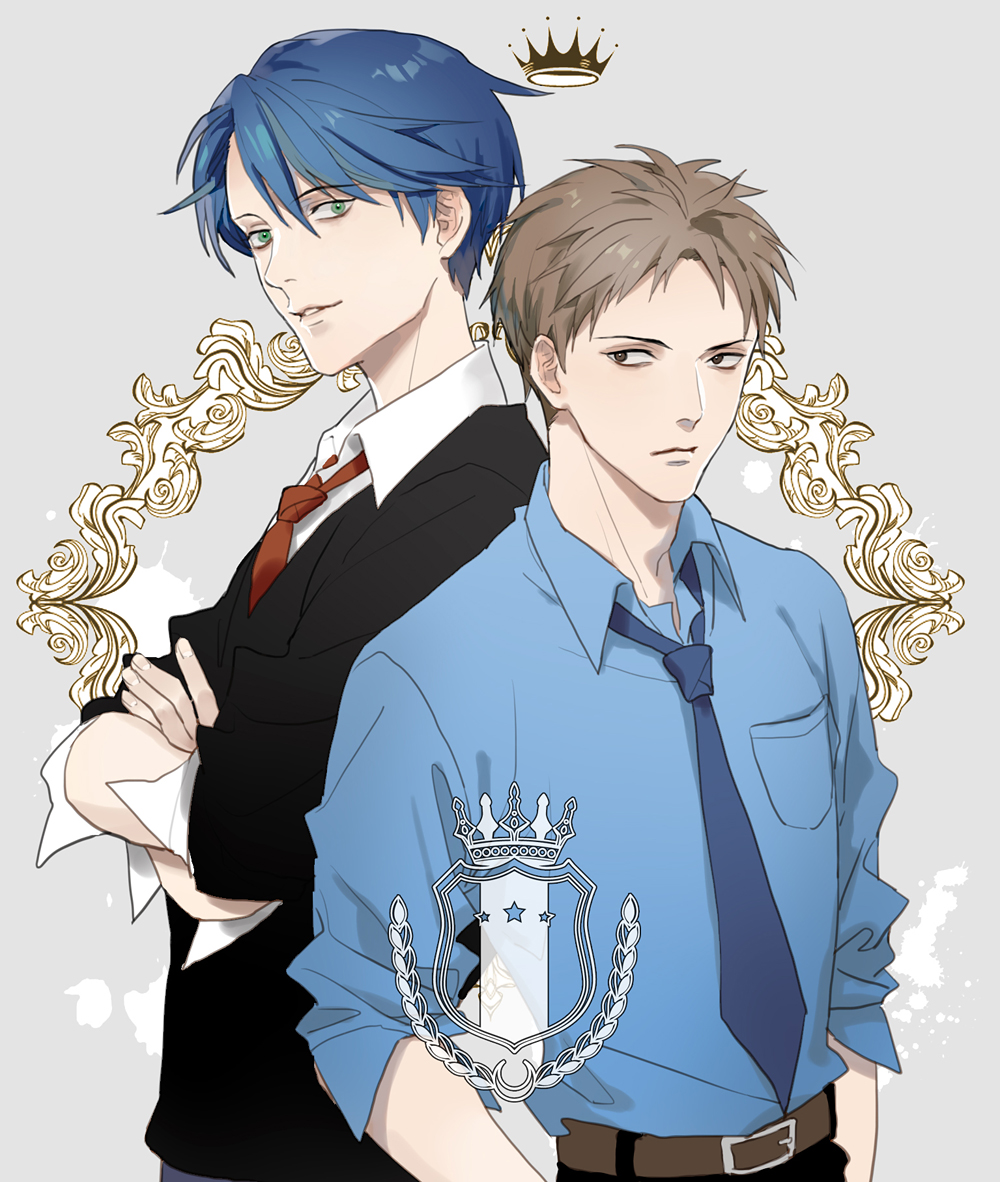 10s 1boy 1girl belt blue_hair brown_hair gekkan_shoujo_nozaki-kun green_eyes hori_masayuki kashima_yuu necktie par. reverse_trap school_uniform short_hair