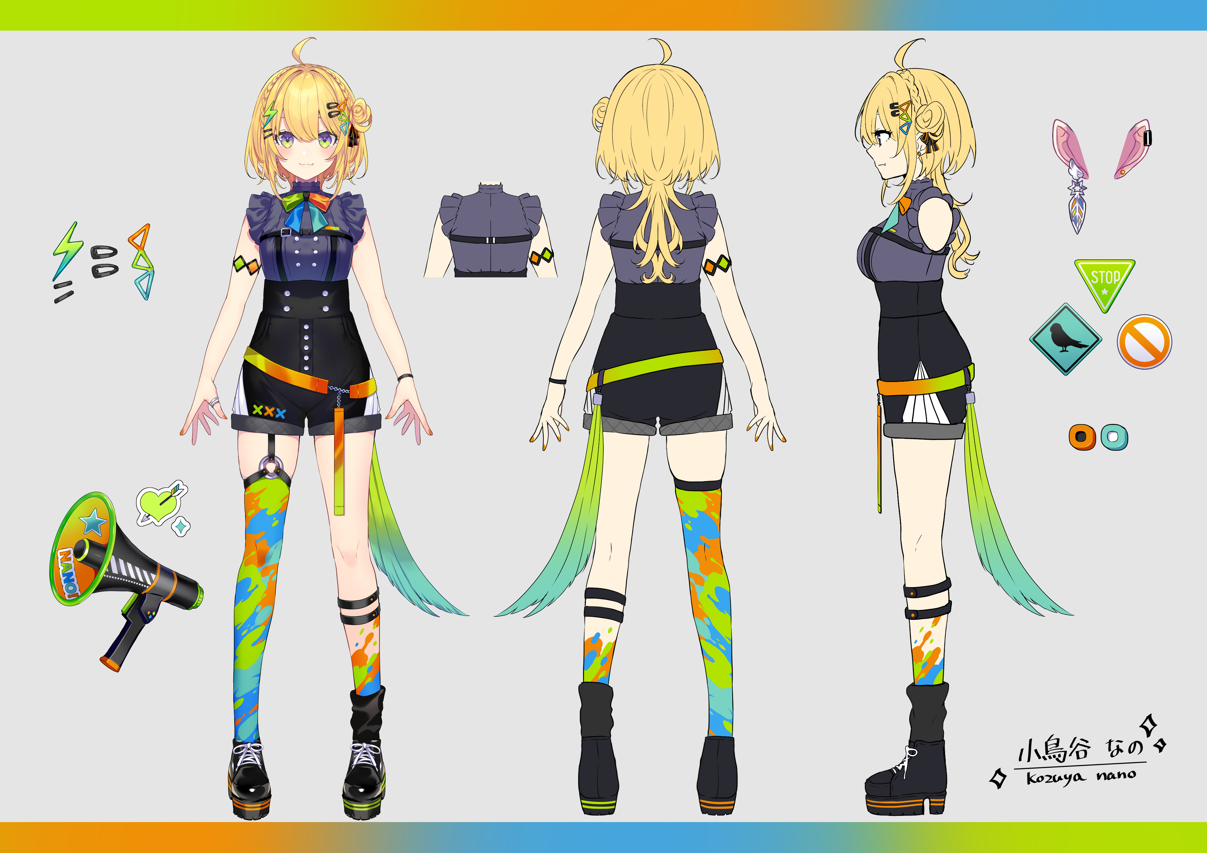 1girl :3 absurdres ahoge armlet arms_at_sides asymmetrical_legwear belt black_footwear black_garter_straps black_ribbon black_shorts black_socks blonde_hair bow bowtie braid breasts character_name reference_sheet chest_harness closed_mouth commentary_request covered_groin cross-laced_footwear crown_braid double-parted_bangs earclip earrings fang fang_out feather_earrings feathers fingernails floating_earring frilled_shirt frills from_behind from_side full_body garter_straps green_eyes grey_background hair_between_eyes hair_bun hair_intakes hair_ornament hair_ribbon hairclip harness high-waist_shorts highres jewelry kozuya_nano letterboxed lightning_bolt lightning_bolt_hair_ornament lightning_bolt_symbol long_hair looking_at_viewer loose_socks medium_breasts megaphone multicolored_background multicolored_bow multicolored_bowtie multicolored_eyes multicolored_thighhighs multiple_views nail_polish no_entry_sign o-ring o-ring_legwear official_art orange_belt orange_nails platform_footwear profile purple_eyes purple_shirt ribbon ring road_sign saine second-party_source shin_strap shirt shirt_tucked_in shoes short_shorts shorts sidelocks sign simple_background single_garter_strap single_side_bun single_sock single_thighhigh sleeveless sleeveless_shirt smile socks sparkle sparkling_aura specialite_(company) standing stop_sign straight-on stud_earrings thick_eyelashes thighhighs triangle_hair_ornament uneven_legwear virtual_youtuber wristband