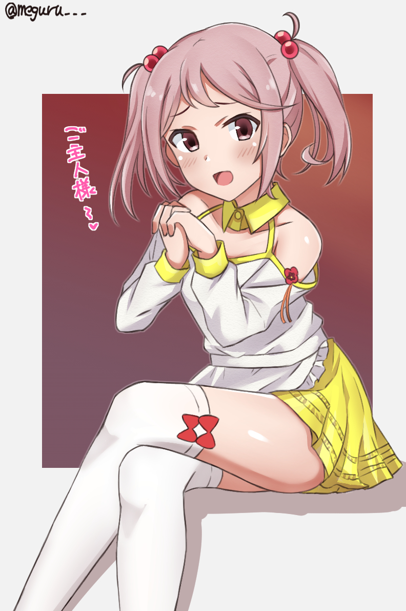 1girl apron camisole commentary_request crossed_legs detached_sleeves feet_out_of_frame female_focus frilled_apron frills gradient_background kantai_collection looking_at_viewer meguru_(megurunn) off_shoulder pink_eyes pink_hair sazanami_(kancolle) school_uniform serafuku short_hair sitting skirt smile solo thighhighs twintails twitter_username waist_apron white_apron white_camisole white_thighhighs yellow_skirt