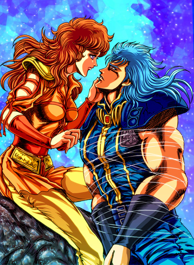 1boy 1girl armlet belt blue_background blue_hair bound couple crack hand_on_another&#039;s_face hetero hokuto_no_ken jewelry long_hair looking_at_another mamiya_(hokuto_no_ken) muscular norie orange_hair purple_eyes red_eyes rei_(hokuto_no_ken) rock shoulder_pads sitting tied_up_(nonsexual) yellow_legwear
