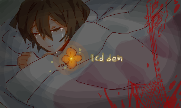 1girl artist_request blanket brown_hair chie_(lcddem) dark female_focus flower lcddem short_hair sleeping solo tears