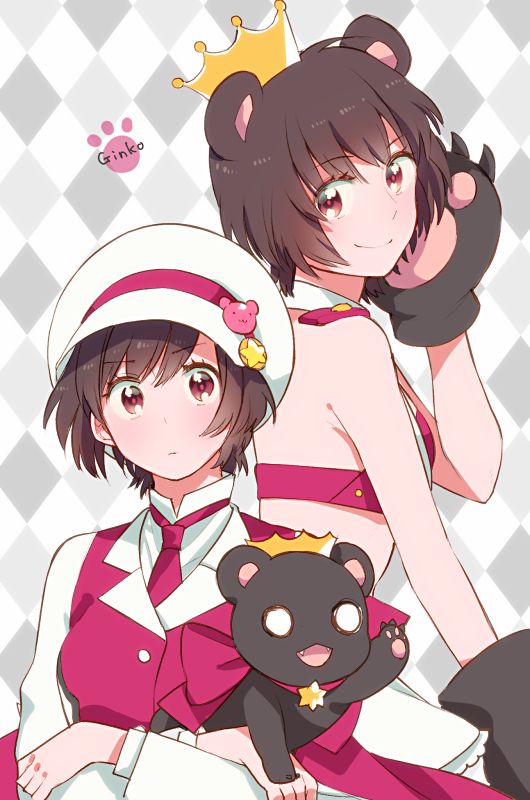 1girl animal_ears animal_hands bare_shoulders bear bear_ears bear_paws blush breasts brown_hair canno character_name collar collared_shirt commentary_request crop_top crossed_arms crown detached_collar from_side gloves grey_background hand_up hat looking_at_viewer looking_back multiple_persona multiple_views necktie open_mouth paw_gloves pink_eyes pink_necktie pink_vest shirt short_hair small_breasts smile upper_body vest white_collar white_headwear white_shirt yuri_kuma_arashi yurishiro_ginko