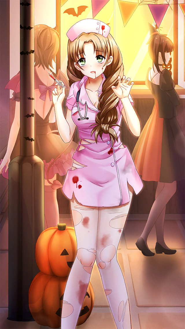 3girls blood blood_on_clothes braid breasts brown_eyes brown_hair cleavage doukyuusei_(series) doukyuusei_2 doukyuusei_another_world dress game_cg green_eyes hair_intakes hair_over_shoulder halloween halloween_costume hat holding holding_syringe long_hair looking_at_viewer medium_breasts multiple_girls nurse nurse_cap official_art pantyhose pink_dress short_sleeves single_braid solo_focus standing sugimoto_sakurako syringe torn_clothes torn_dress torn_legwear very_long_hair white_legwear