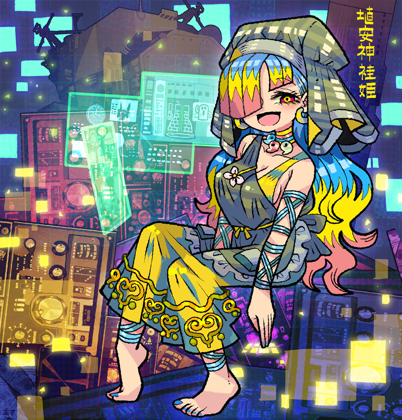 1girl apron barefoot blue_hair breasts character_name cleavage collarbone dress full_body green_apron green_headscarf hair_over_one_eye haniyasushin_keiki headscarf hologram holographic_interface large_breasts long_hair open_mouth pink_eyes single_strap smile solo touhou yellow_dress yt_(wai-tei)