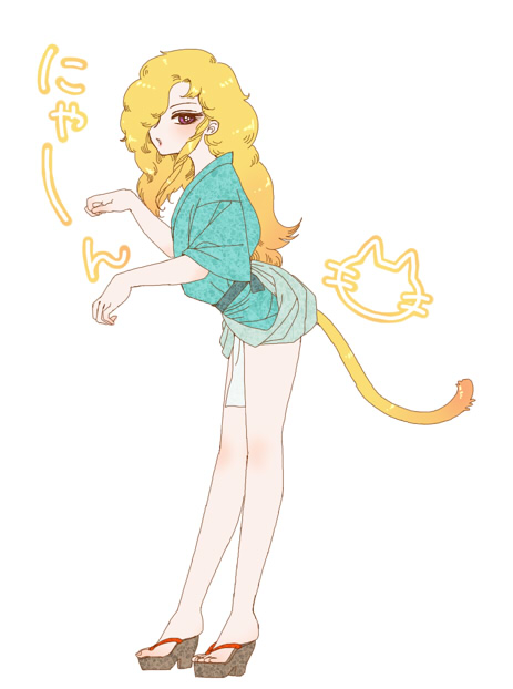 1boy androgynous bare_legs blonde_hair body_blush cat_tail drill_hair eyelashes feet flat_color full_body hair_over_one_eye hari_(artist) high_heels long_hair looking_at_viewer male_focus maraich_juschenfe open_mouth patalliro! paw_pose pink_eyes sandals simple_background solo tail toes wavy_hair white_background