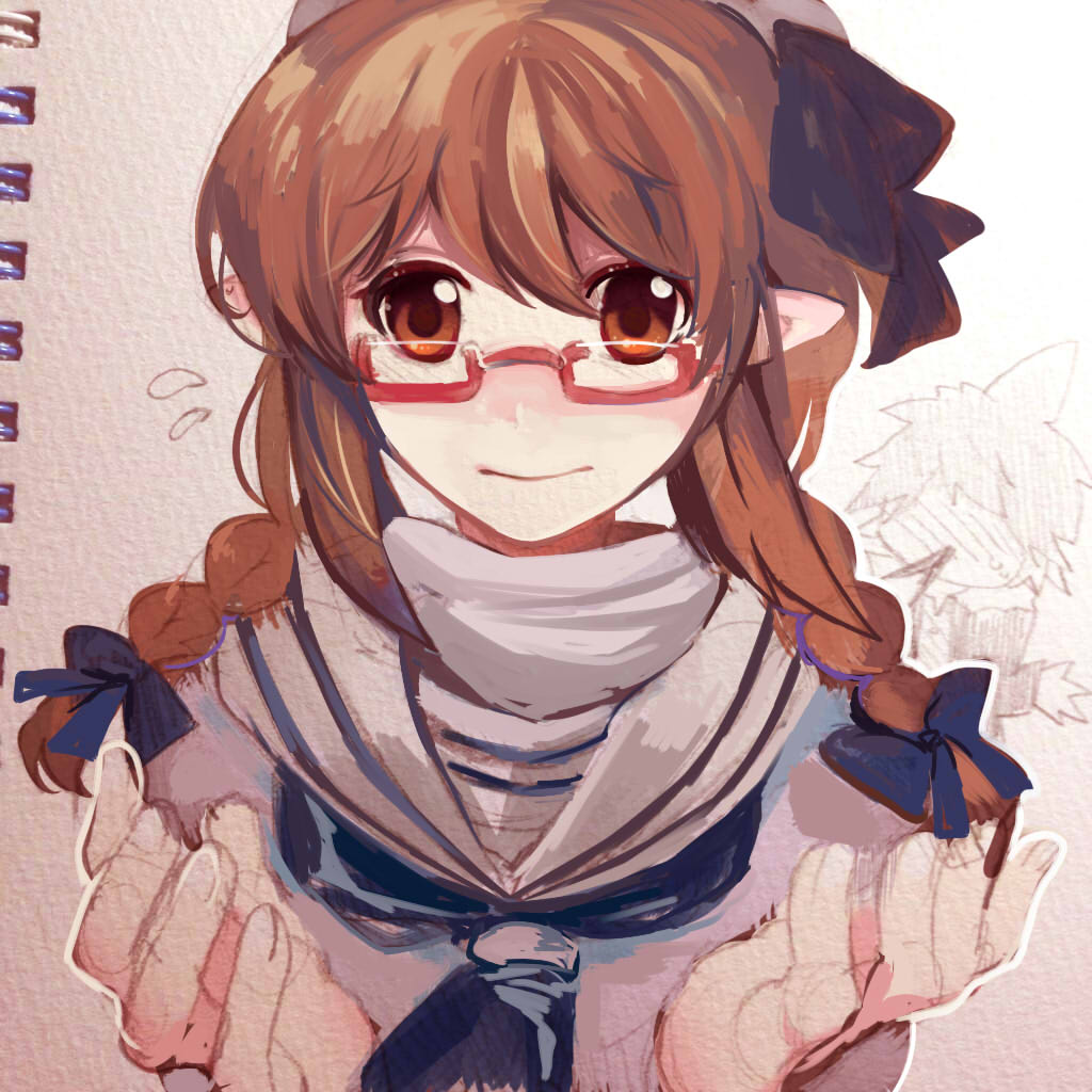 1girl blood blue_neckerchief bow braid brown_eyes brown_hair colored_skin commentary_request dress flying_sweatdrops funamusea hair_bow hat long_hair looking_at_viewer mixed_media neckerchief nervous nosebleed oounabara_to_wadanohara pointy_ears portrait revanche sailor_collar sailor_dress samekichi_(funamusea) semi-rimless_eyewear solo_focus traditional_media turtleneck twin_braids under-rim_eyewear wadanohara white_skin