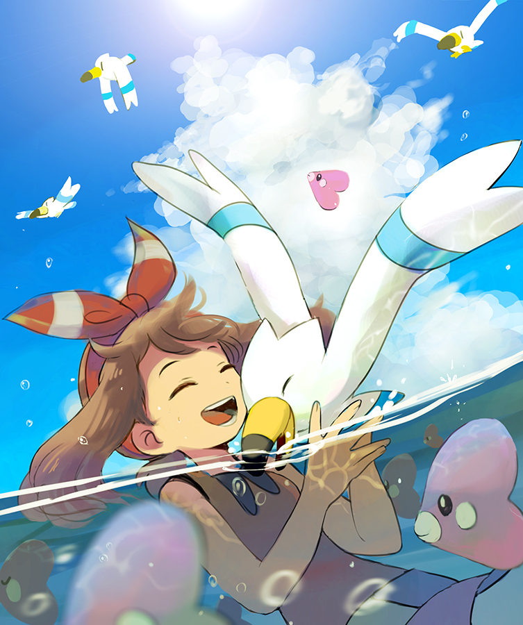 1girl :d ^_^ bird bow bow_hairband brown_hair closed_eyes cloud cloudy_sky commentary_request fish game_freak gen_3_pokemon hairband hands_up happy luvdisc may_(pokemon) medium_hair nintendo open_mouth partially_submerged partially_underwater_shot pokemon pokemon_(creature) pokemon_oras popcorn_91 red_bow red_hairband red_shirt shirt sky sleeveless sleeveless_shirt smile sun upper_body water_drop wingull