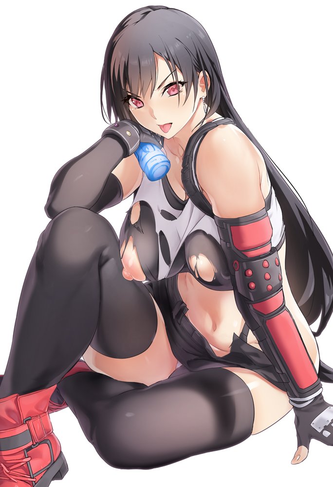 1girl bare_shoulders black_skirt black_thighhighs blush bottle breasts brown_hair collarbone crop_top earrings elbow_pads final_fantasy final_fantasy_vii final_fantasy_vii_remake fingerless_gloves floating_earring gloves knee_up large_breasts long_hair looking_at_viewer low-tied_long_hair midriff navel nipples open_mouth pencil_skirt red_eyes shino_(comic_penguin_club) shirt sitting skirt solo suspender_skirt suspenders tank_top taut_clothes taut_shirt thighhighs thighs tifa_lockhart tongue tongue_out torn_clothes water_bottle white_tank_top