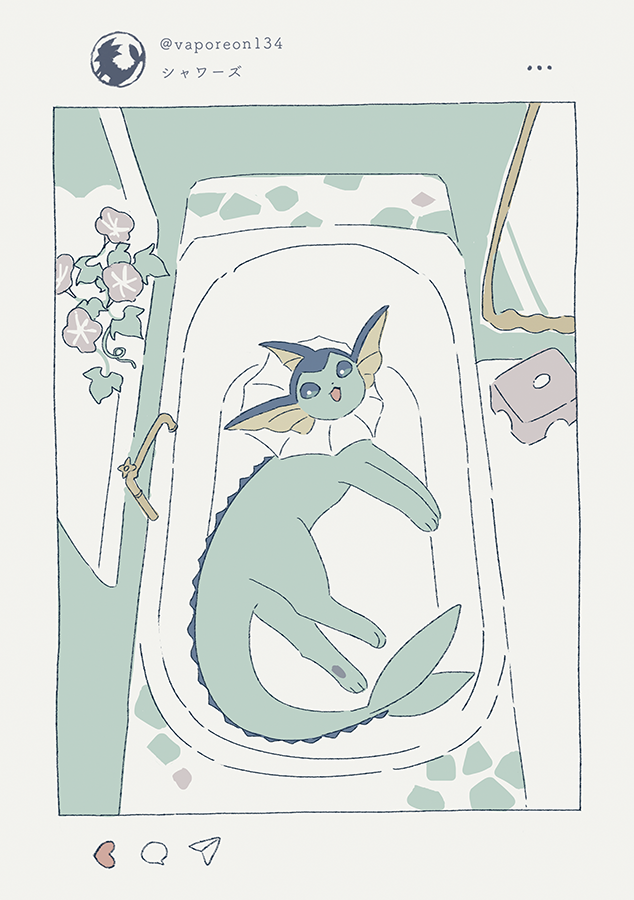 bathroom bathtub blue_skin colored_skin fake_screenshot faucet gen_1_pokemon lying nintendo no_humans on_side pokemon pokemon_(creature) solo translation_request vaporeon yurano_(upao)