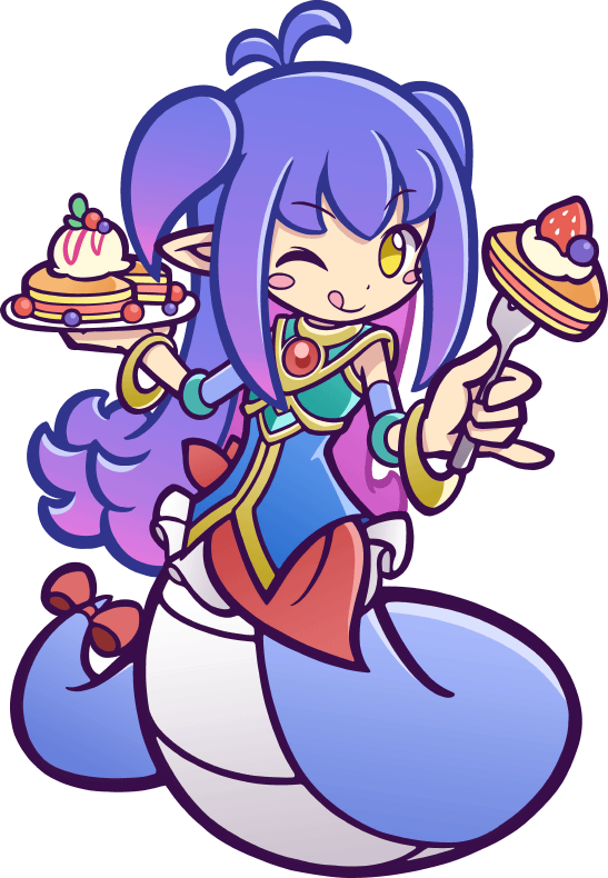 1girl ;q antenna_hair armor berry blue_shirt blush_stickers bow bracelet breastplate colored_tips deformed double-parted_bangs flat_chest flipped_hair food fork fruit full_body gold_trim hands_up holding holding_fork holding_tray ice_cream jewelry lamia lamia_(puyopuyo) long_hair looking_at_viewer monster_girl multicolored_hair official_art one_eye_closed pancake pancake_stack pink_hair purple_hair puyopuyo puyopuyo_quest shirt sidelocks simple_background sleeveless solo straight_hair strawberry tachi-e tail tail_bow tail_ornament third-party_source tongue tongue_out transparent_background tray two_side_up yellow_eyes
