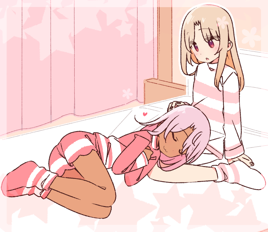 2girls :3 bare_arms blonde_hair chloe_von_einzbern closed_eyes commentary curtains dark-skinned_female dark_skin eyes_visible_through_hair fate/kaleid_liner_prisma_illya fate_(series) hand_on_another&#039;s_head heart illyasviel_von_einzbern indoors lap_pillow long_hair long_sleeves multiple_girls on_bed pajamas pink_hair red_eyes short_shorts shorts siblings sisters smile socks striped_clothes striped_pajamas yoru_nai