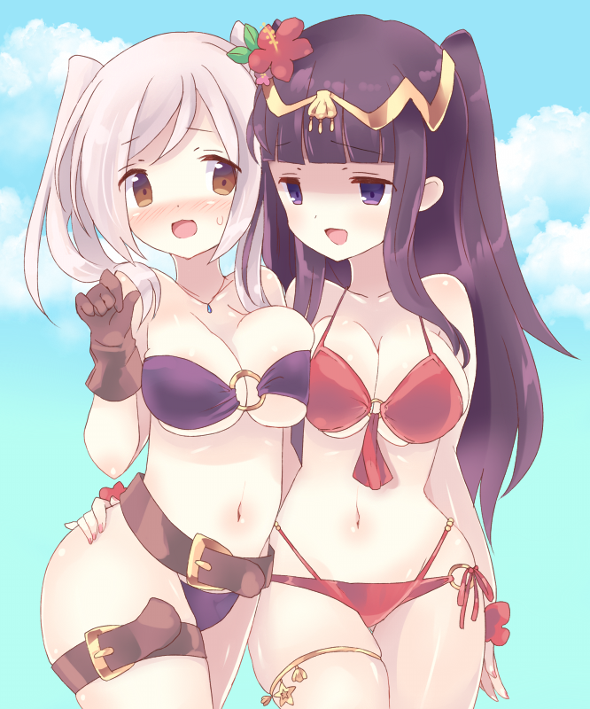 2girls asymmetrical_docking bare_shoulders belt bikini black_hair blunt_bangs blush breast_press breasts brown_eyes brown_gloves cleavage female_robin_(fire_emblem) female_robin_(seaside_tactician)_(fire_emblem) fire_emblem fire_emblem_awakening fire_emblem_heroes flower gloves gold_thighlet hair_flower hair_ornament hibiscus jewelry large_breasts long_hair looking_at_viewer multiple_girls navel necklace nintendo o-ring o-ring_bikini o-ring_top official_alternate_costume open_mouth purple_bikini red_bikini red_flower sideboob skindentation smile stomach swimsuit teu_(navy) tharja_(fire_emblem) tharja_(summer)_(fire_emblem) thigh_strap thighlet tiara twintails underboob white_hair