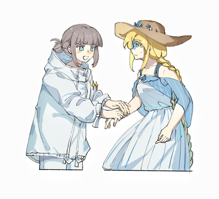 1boy 1girl aesc_(fate) aesc_(rain_witch)_(fate) artist_request blonde_hair blue_eyes brown_hair commission fate/grand_order fate_(series) glasses hair_between_eyes hat long_hair oberon_(fate) oberon_(refreshing_summer_prince)_(fate) open_mouth second-party_source short_hair simple_background smile