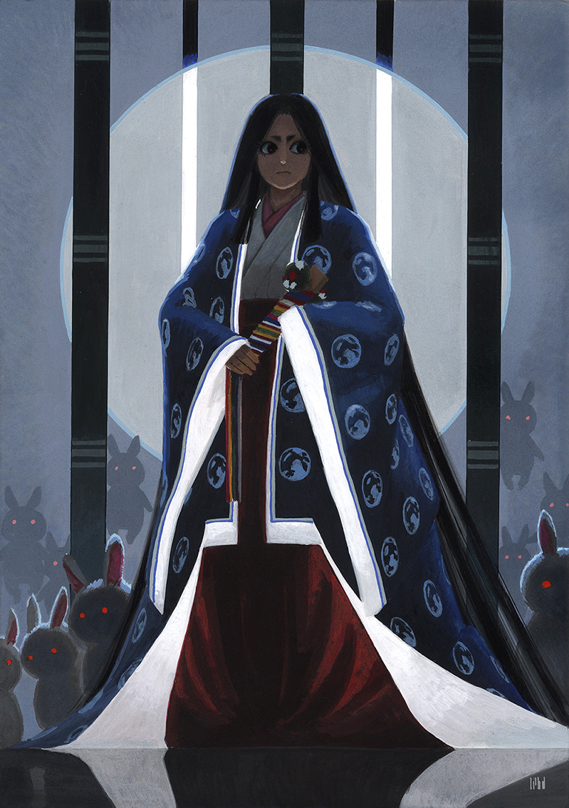1girl 6+others animal black_hair blue_kimono fmu full_body glowing glowing_eyes holding japanese_clothes kaguya_hime kimono long_hair looking_to_the_side moon_print moon_rabbit multiple_others rabbit standing taketori_monogatari tsukimi very_long_hair