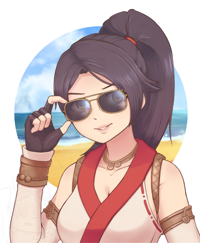 1girl adjusting_eyewear beach black_hair borrowed_character breasts brown_eyes cleavage commentary commission dead_or_alive dead_or_alive_6 detached_sleeves english_commentary eyebrows_hidden_by_hair fingerless_gloves gloves jacy large_breasts ocean original parted_lips ponytail smile solo sunglasses upper_body