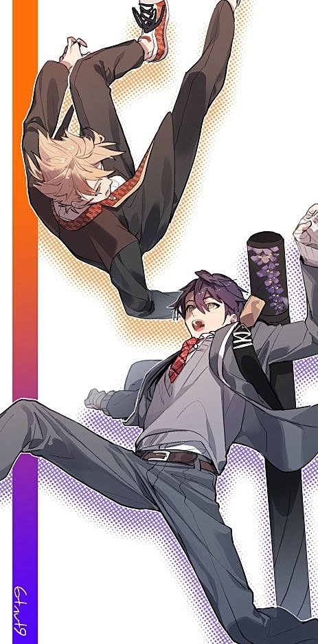 2boys 6tnut9 arm_up artist_name bandaged_hand bandages belt belt_buckle black_jacket black_pants blazer brown_belt brown_eyes brown_hair buckle collared_shirt commentary_request fushimi_gaku fushimi_gaku_(1st_costume) green_eyes grey_sweater hair_between_eyes halftone jacket jewelry kenmochi_touya kenmochi_touya_(1st_costume) lapels long_sleeves looking_at_another looking_to_the_side male_focus multiple_boys necktie nijisanji omamori open_clothes open_jacket open_mouth pants plaid_clothes plaid_necktie purple_hair red_necktie red_shoes ring school_uniform shirt shoes short_hair simple_background sneakers sweater teeth upper_teeth_only virtual_youtuber weapon_bag white_background white_shirt white_shoes wing_collar yagasuri