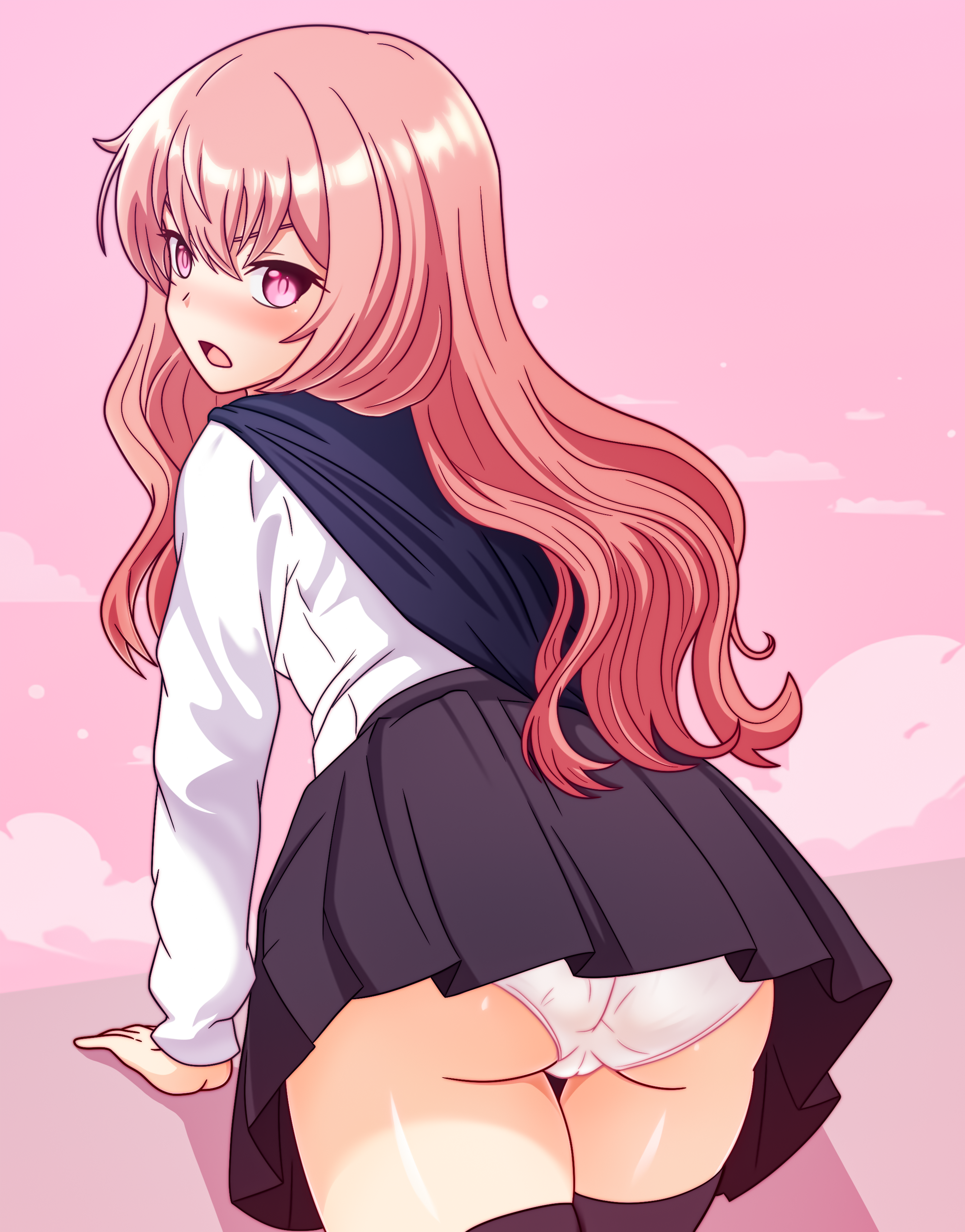 1girl absurdres ass black_skirt capelet dullahan_(alekey_art) embarrassed from_behind highres long_hair looking_back louise_francoise_le_blanc_de_la_valliere panties pantyshot pink_eyes pink_hair pink_panties school_uniform shirt skirt solo thighs underwear white_shirt zero_no_tsukaima