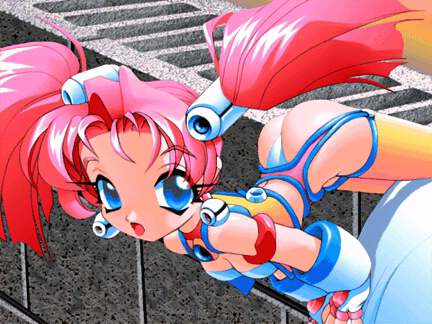 1990s_(style) 1girl :o ass blue_eyes breasts cinder_block cleavage fairy fingerless_gloves game_cg gloves looking_at_viewer lowres nadeara_bukichi official_art open_mouth panties pink_hair retro_artstyle ryucy solo star_platinum_(game) twintails underwear white_panties