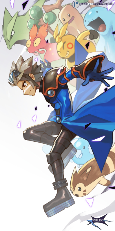 1boy artist_name blue_coat blue_gloves boots closed_mouth coat commentary furret gen_2_pokemon gen_3_pokemon gloves goggles goggles_on_head knee_boots looking_down makuhita male_focus nintendo orlek pants patreon_logo pokemon pokemon_(creature) pokemon_colosseum quagsire short_hair slugma smile sudowoodo swablu tyranitar watermark web_address wes_(pokemon) white_background