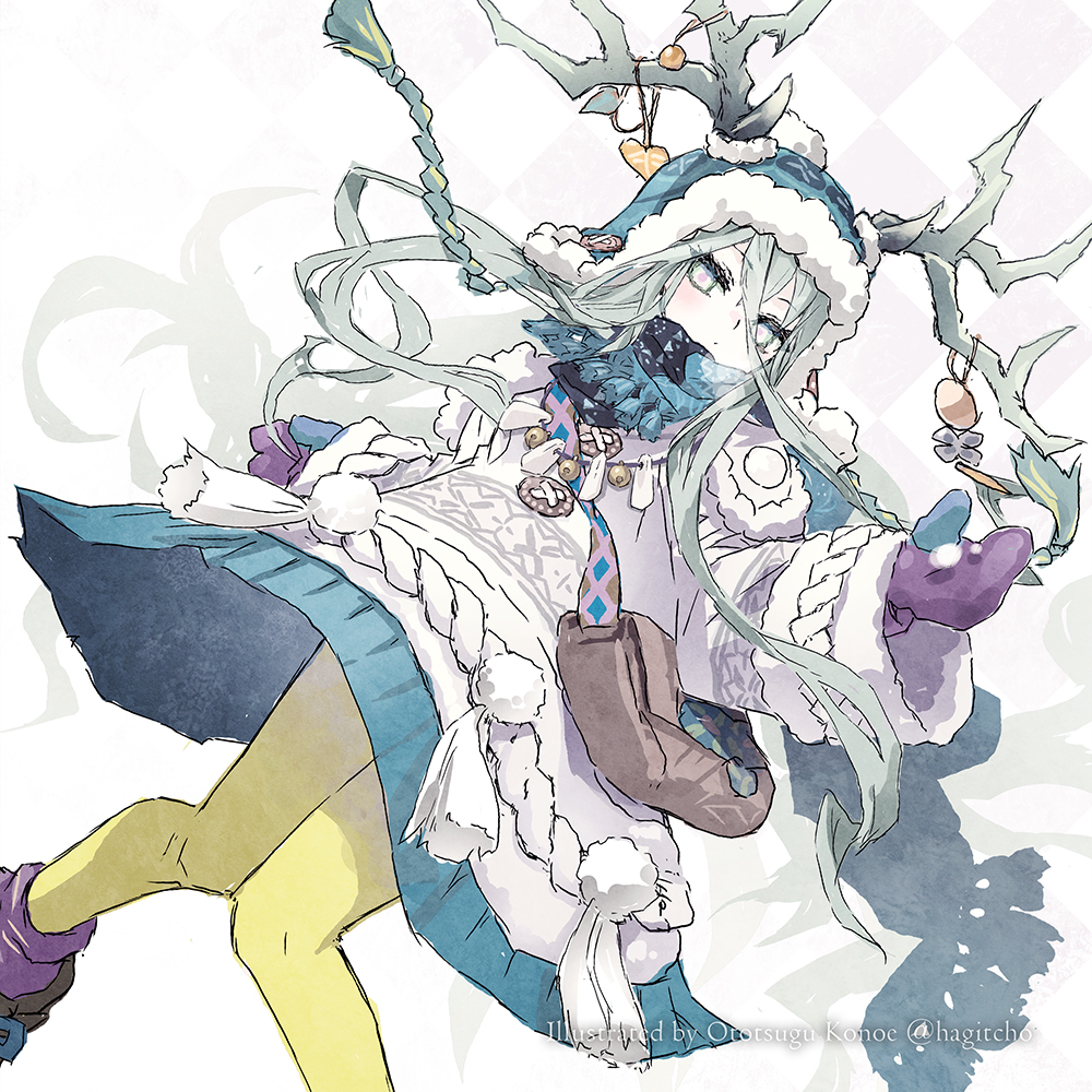 1girl antler_ornament antlers antlers_through_headwear artist_name bag blue_hat blue_scarf brown_bag closed_mouth commentary_request fate/grand_order fate_(series) fur_trim green_eyes green_hair hair_between_eyes hat horns konoe_ototsugu long_hair looking_at_viewer louhi_(fate) louhi_(second_ascension)_(fate) lying mittens pantyhose purple_mittens scarf simple_background snow solo twitter_username white_background winter_clothes yellow_pantyhose