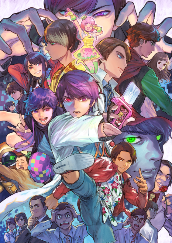 amagasaki_ren arms_behind_head asami_you burgermon_bugster dan_kuroto dan_masamune dress everyone fingerless_gloves flower formal_clothes gashat glasses gloves glowing glowing_eyes graphite_bugster grin hanaya_taiga hand_on_own_chin hat hawaiian_shirt headphones headphones_around_neck hinata_kyotarou houjou_emu hug jacket kagami_haima kagami_hiiro kamen_rider kamen_rider_ex-aid_(series) kicking kirino_eight koboshi_tsukuru kuujou_kiriya lab_coat leather leather_jacket long_hair maki_jirou mini_hat mizoguchi_mizuki momose_saki nagumo_kagenari necktie ogimachi_satsuki parad poppi_pipopapo rider_gashat rose saiba_niko shirt smile stethoscope stroking_own_chin suit v v_over_eye yellow_dress