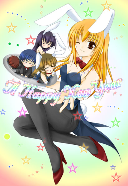 2boys 3girls :d =_= ^_^ akanegasaki_sora animal_ears bare_shoulders black_hair blonde_hair blush bow bowtie breasts brown_eyes brown_hair chibi cleavage closed_eyes ever_17 everyone closed_eyes fake_animal_ears formal_clothes green_hair high_heels kaburaki_ryougo kneeling komachi_tsugumi kuranari_takeshi leotard long_hair lying min multiple_boys multiple_girls new_year on_stomach one_eye_closed open_mouth outstretched_arm outstretched_hand pantyhose playboy_bunny rabbit_ears rabbit_tail shoes short_hair sitting smile star_(symbol) suit tail tanaka_yubiseiharukana traditional_bowtie very_long_hair wink wrist_cuffs