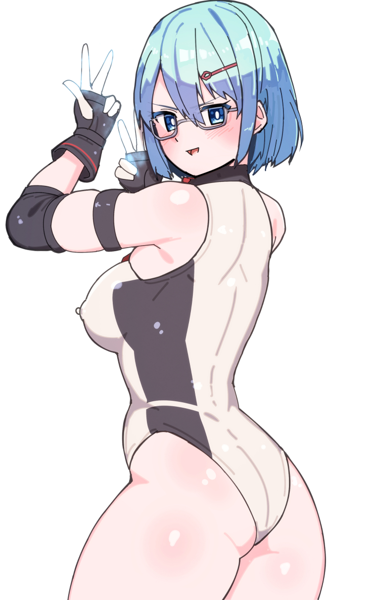 1girl :d ass blue_eyes blue_hair blush breasts covered_erect_nipples cowboy_shot dead_or_alive glasses gloves hair_ornament hairclip highres leotard looking_at_viewer looking_back nico_(doa) nishisan_(mikurosu) open_mouth semi-rimless_eyewear sidelocks simple_background small_breasts smile solo standing team_ninja tecmo under-rim_eyewear white_background white_leotard