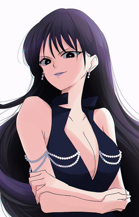 1girl bishoujo_senshi_sailor_moon black_dress black_eyes black_hair breasts bright_pupils center_opening cleavage commentary crossed_arms dress earrings evil_grin evil_smile grin hand_on_own_arm hand_on_own_elbow jewelry long_hair looking_at_viewer maruko_es mistress_9 parted_lips purple_lips smile solo teeth tomoe_hotaru very_long_hair white_background white_pupils