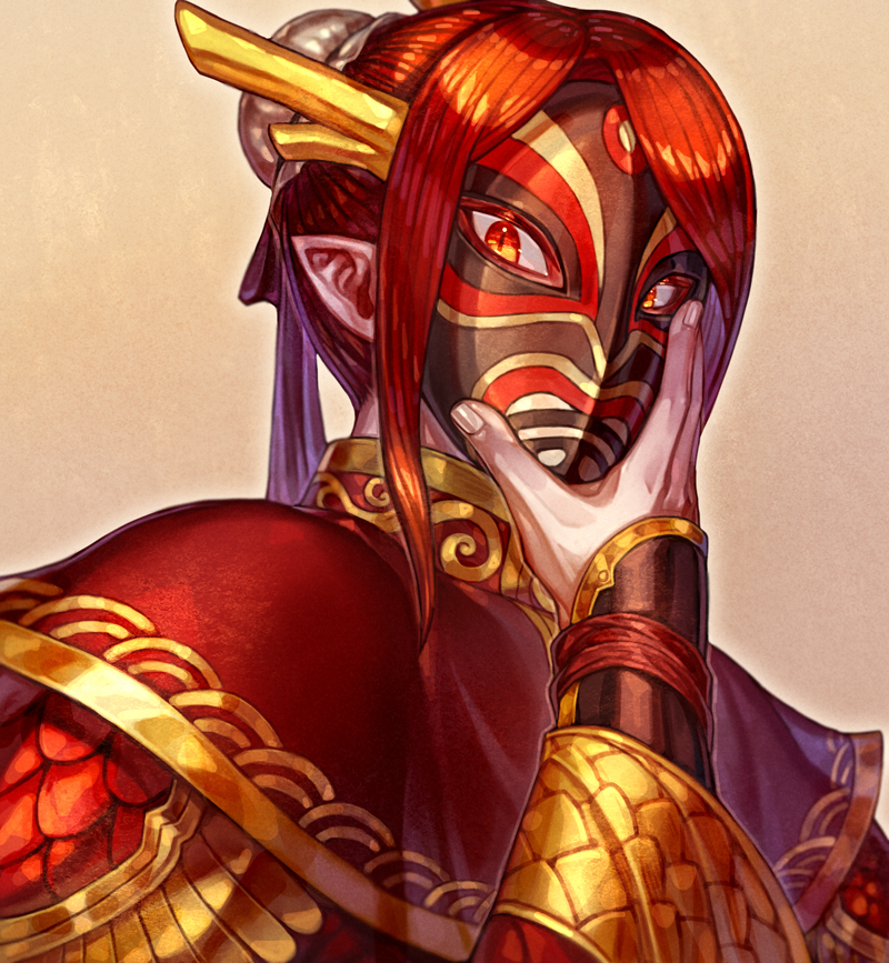 1boy adjusting_mask androgynous bun_cover chinese_clothes chinese_opera commentary_request dragon_boy eastern_dragon_horns hair_bun horns hua_zhuotian_(shinku_castle) looking_at_viewer male_focus mask monster_boy multicolored_eyes orange_eyes original pointy_ears purple_ribbon red_eyes red_hair ribbon shinku_castle slit_pupils solo tabletop_rpg upper_body yellow_background yellow_eyes yellow_horns