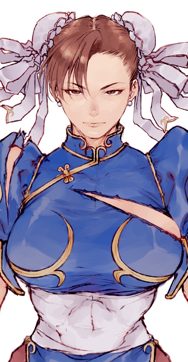 1girl asymmetrical_bangs breasts brown_eyes brown_hair bun_cover capcom china_dress chinese_clothes chun-li closed_mouth commentary_request double_bun dress gold_trim hair_bun large_breasts looking_at_viewer simple_background solo straight-on street_fighter torn_clothes upper_body white_background yasunososaku