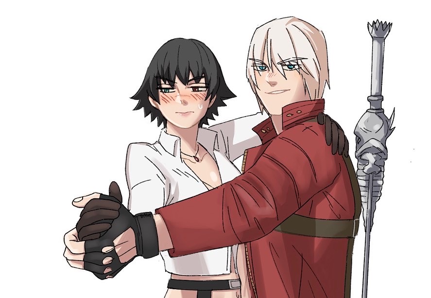 1boy 1girl black_gloves black_hair blue_eyes blush coat collared_shirt dante_(devil_may_cry) devil_may_cry devil_may_cry_(series) devil_may_cry_3 fingerless_gloves gloves green_eyes heterochromia holding_hands jewelry jumpoon lady_(devil_may_cry) midriff navel necklace rebellion_(sword) red_coat red_eyes scar scar_on_face shirt short_hair smirk sweatdrop sword sword_on_back weapon weapon_on_back white_hair white_shirt