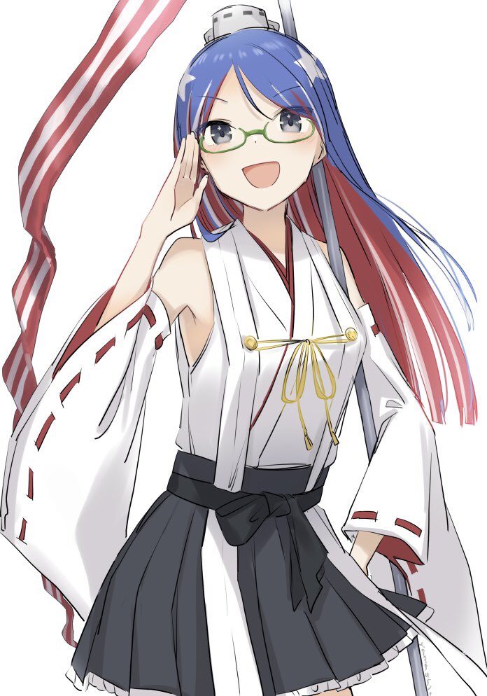 1girl :d artist_name bare_shoulders black_skirt blue_hair blush cosplay cowboy_shot detached_sleeves glasses green-framed_eyewear grey_eyes japanese_clothes kantai_collection kirishima_(kancolle) kirishima_(kancolle)_(cosplay) long_hair multicolored_hair nontraditional_miko one-hour_drawing_challenge open_mouth pleated_skirt red_hair ribbon-trimmed_sleeves ribbon_trim simple_background skirt smile solo south_dakota_(kancolle) star_(symbol) white_background white_hair wide_sleeves yamashichi_(mtseven)