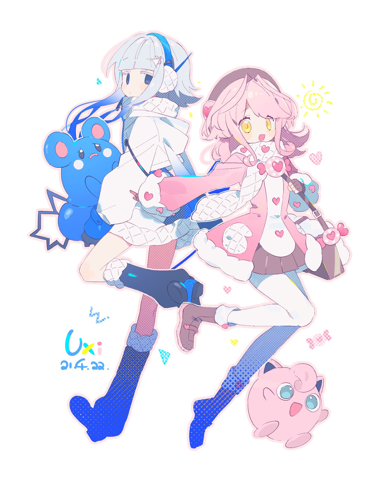 2girls asphyxia17 azurill back-to-back beret black_footwear blue_hair brown_footwear brown_gloves brown_hat brown_skirt colored_eyelashes dated dot_nose expressionless fingerless_gloves flipped_hair full_body fur-trimmed_footwear fur-trimmed_jacket fur_trim game_freak gen_1_pokemon gen_3_pokemon gloves gradient_hair grey_hair hand_up happy hat highres hood hood_down hoodie jacket jigglypuff jitome knee_up looking_back miniskirt multicolored_hair multiple_girls nintendo original outstretched_arm pink_hair pink_jacket pleated_skirt pokemon pokemon_(creature) short_hair_with_long_locks sidelocks skirt white_eyelashes white_hoodie