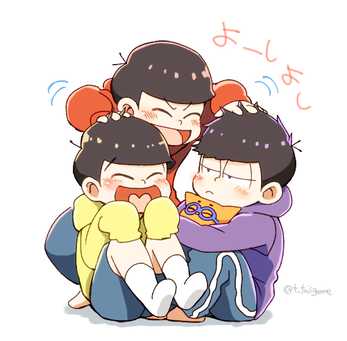 10s 3boys bad_id bad_pixiv_id blush brothers brown_hair cat closed_eyes esper_nyanko hand_on_head hood hoodie jitome kuro_ya long_sleeves lowres male_focus matsuno_ichimatsu matsuno_jyushimatsu matsuno_osomatsu messy_hair multiple_boys osomatsu-kun osomatsu-san osomatsu_(series) pants siblings simple_background sitting sleeves_past_wrists smile socks squatting tokitou_fuji track_pants twitter_username white_background