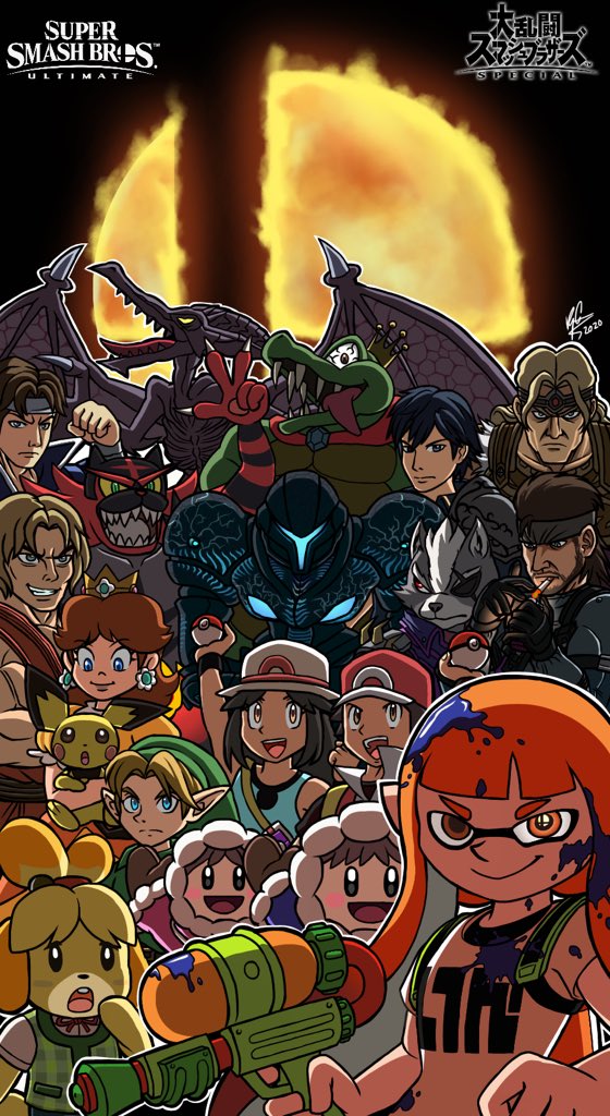 6+boys 6+girls alien animal_crossing black_hair blonde_hair brown_hair capcom castlevania:_rondo_of_blood castlevania_(series) chrom_(fire_emblem) coat crown dark_samus donkey_kong_(series) donkey_kong_country elf eyepatch fire fire_emblem fire_emblem_awakening gen_2_pokemon gen_7_pokemon grin hat headband hood hood_up ice_climber incineroar inkling_girl inkling_player_character invadercamille isabelle_(animal_crossing) ken_masters king_k._rool konami leaf_(pokemon) link long_hair looking_at_viewer mario_(series) metal_gear_(series) metal_gear_solid metroid metroid_prime_2:_echoes multiple_boys multiple_girls nana_(ice_climber) nintendo open_mouth orange_hair pichu pointy_ears poke_ball pokemon pokemon_frlg pokemon_trainers popo_(ice_climber) princess_daisy red_(pokemon) richter_belmont ridley serious simon_belmont smile solid_snake splatoon_(series) splatoon_2 star_fox star_fox_64 street_fighter super_mario_land super_smash_bros super_smash_bros. the_legend_of_zelda the_legend_of_zelda:_ocarina_of_time tongue tongue_out twintails v wings wolf_o&#039;donnell young_link