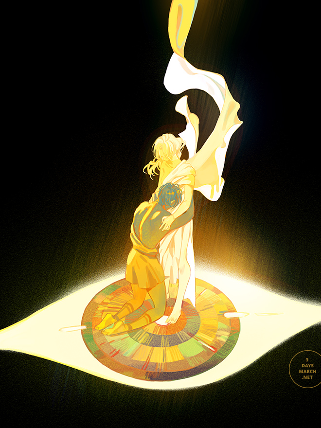 1boy 1girl arms_around_waist artist_logo back bare_arms barefoot black_hair blonde_hair breasts clothes_lift collarbone color_contrast commentary dark_background english_commentary eye_focus faceless faceless_female facing_away from_behind head_down head_on_another&#039;s_stomach hetero hug kneeling lens_flare logo loika looking_at_another looking_down medium_breasts nape original parted_bangs ponytail ringed_eyes sash shoulder_blades shoulder_sash side_slit sideboob simple_background single_bare_shoulder soles standing symbolism thighs tunic waist_hug white_tunic yellow_eyes yellow_theme