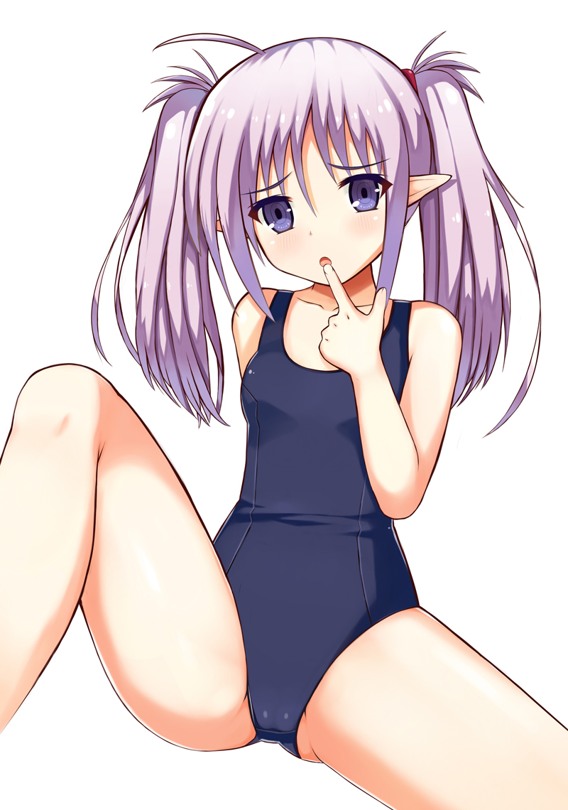 00s 1girl bare_shoulders cameltoe collarbone female_focus finger_to_mouth jangif long_hair looking_at_viewer one-piece_swimsuit pointy_ears primula purple_eyes school_swimsuit shuffle! silver_hair simple_background sitting solo spread_legs swimsuit thighs twintails white_background