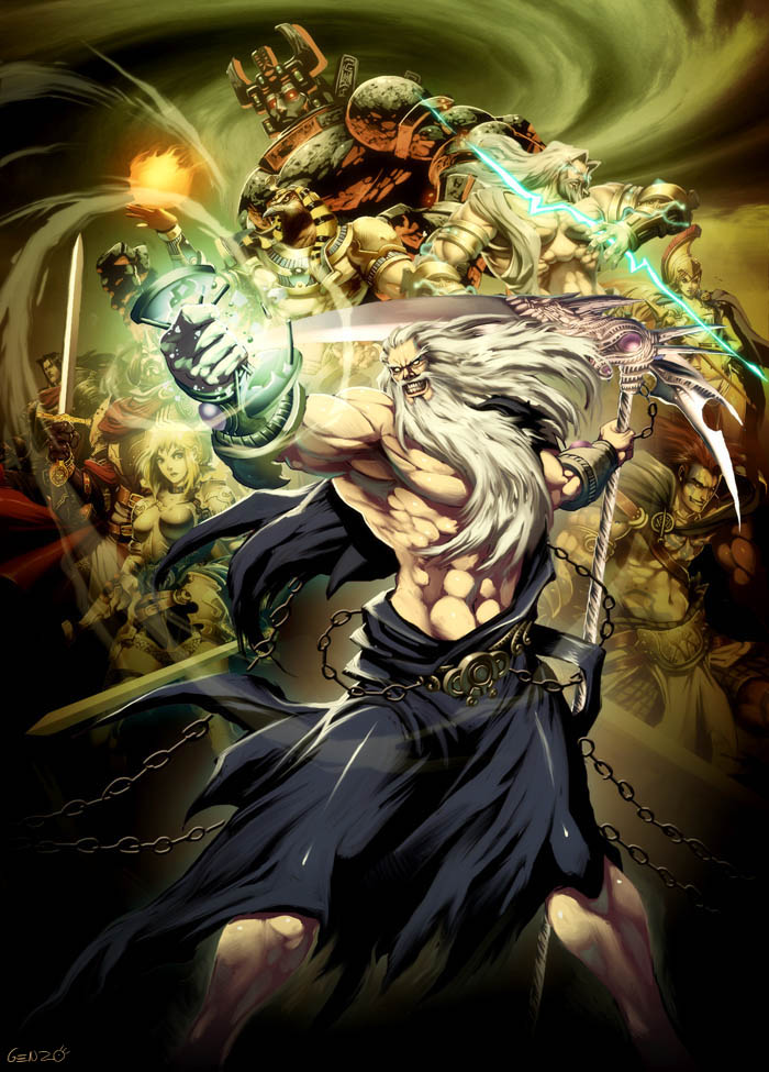 2girls 6+boys abs ancient_egyptian anubis_(mythology) ares athena aztec chain chronos_(mythology) cu_chulainn egyptian_mythology epic genzoman greek_mythology hades_(mythology) horus_(mythology) hourglass jeanne_d&#039;arc king_arthur level-5 lightning male_focus manly multiple_boys multiple_girls muscular myl nemes ra_(mythology) scythe sword united_kingdom weapon xipe_totec zeus_(mythology)